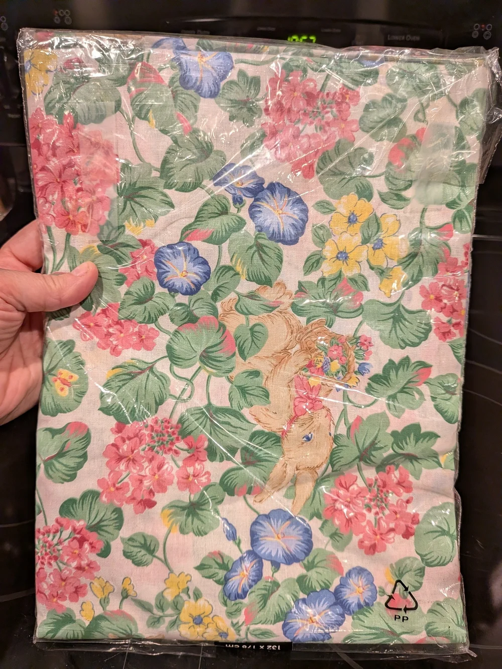 New Old Stock Floral Bunny Vintage Tablecloth - Pink, Green, Blue NIP